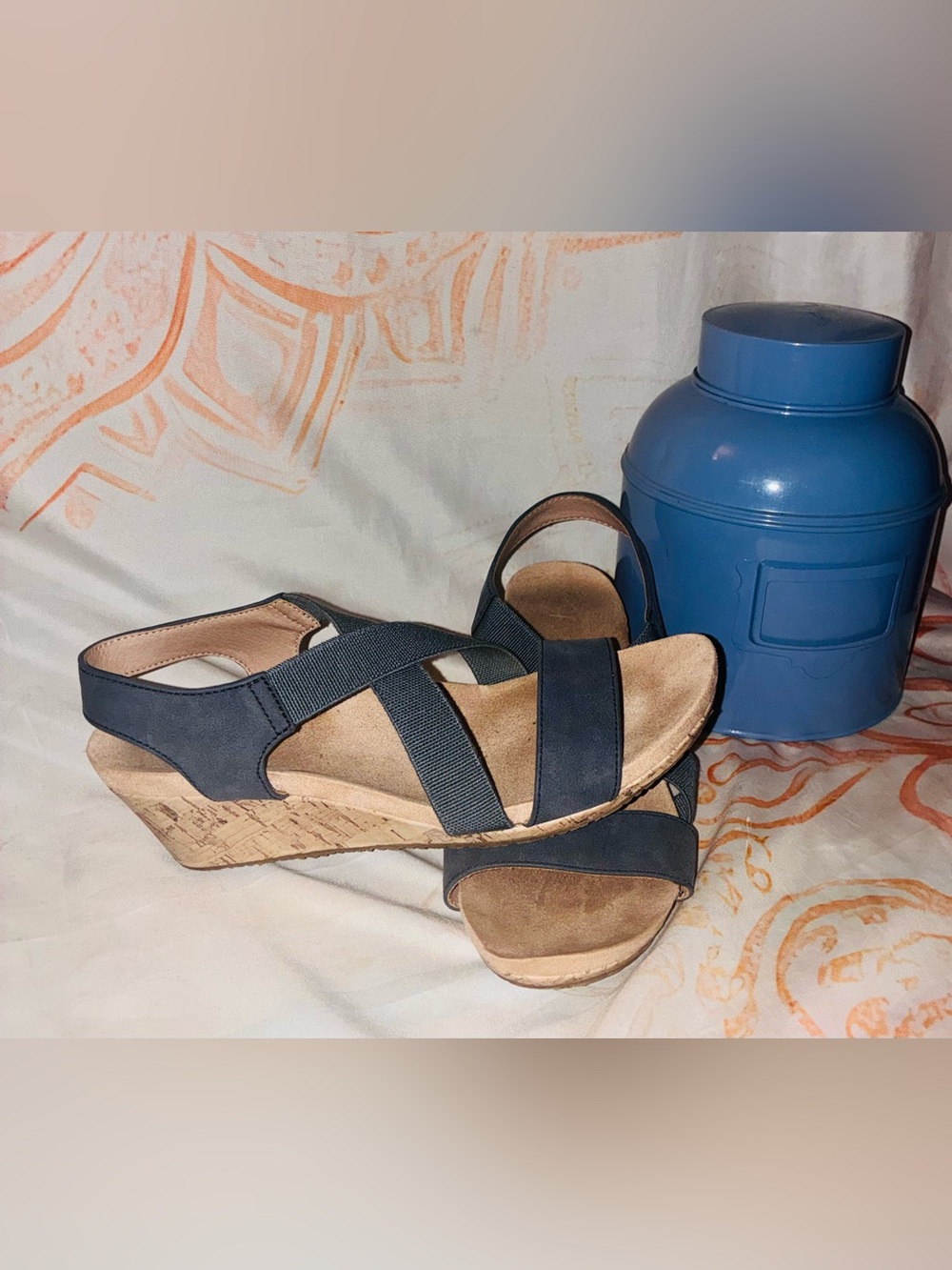 Life Stride-Women's Navy Cork Wedge Sandals - Comfortable Strappy Summer Shoes